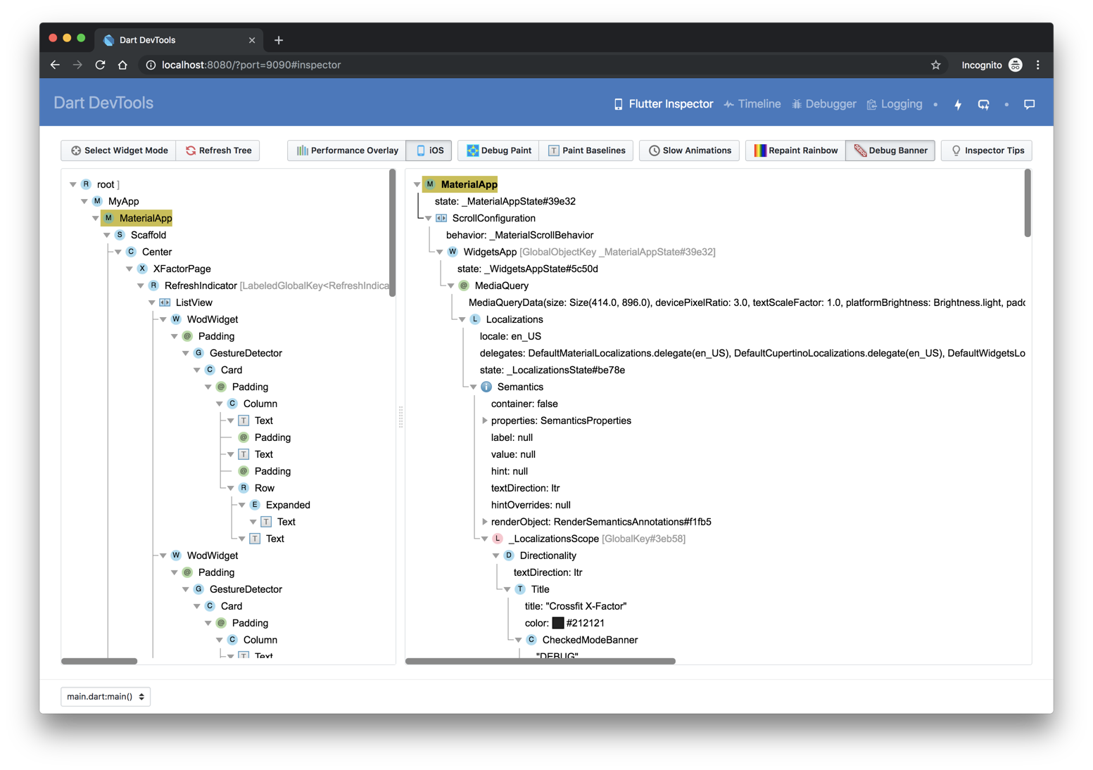 Screenshot of the Flutter inspector window