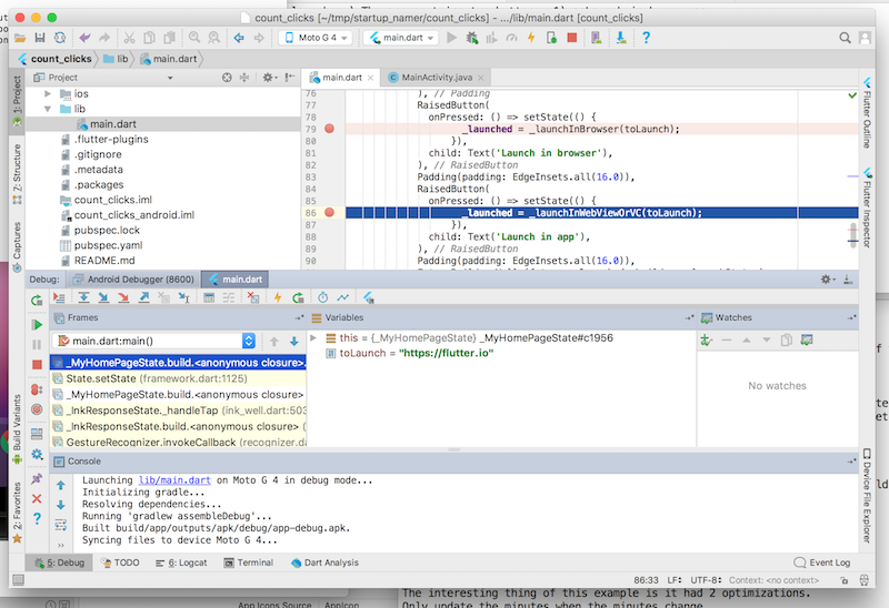 screenshot of Android Studio in the Dart debug pane.