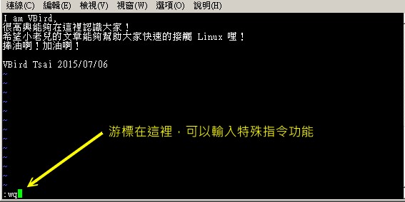 在命令行界面进行储存及离开 vi 环境